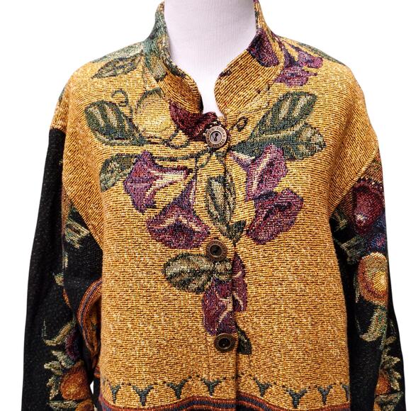 Sugar Street Weavers Gold Black Multi Fruit Woven Tapestry Jacket Floral Sz M - Picture 2 of 13